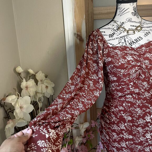 Ambition Women Autumn Floral Long Sleeve Rouched Midi Dress Semi Sheer Size S - Picture 4 of 12